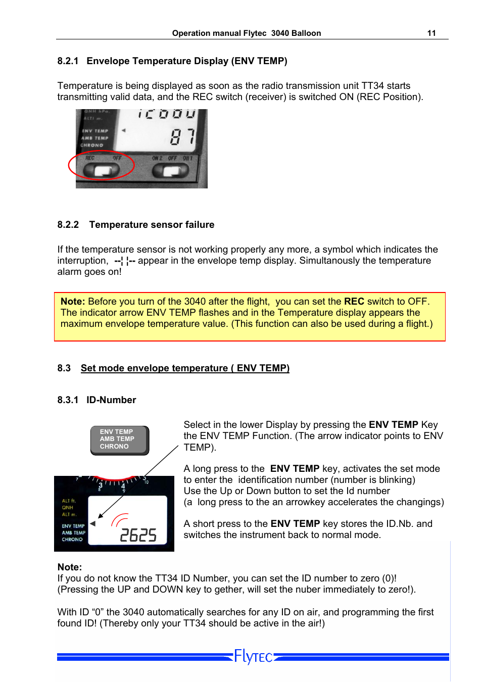 1 envelope temperature display (env temp), 2 temperature sensor failure, 3 set mode envelope temperature ( env temp) | 1 id-number, Envelope temperature display (env temp), Temperature sensor failure, Set mode envelope temperature ( env temp), Id-number | Flytec 3040/TT34 * User Manual | Page 12 / 20