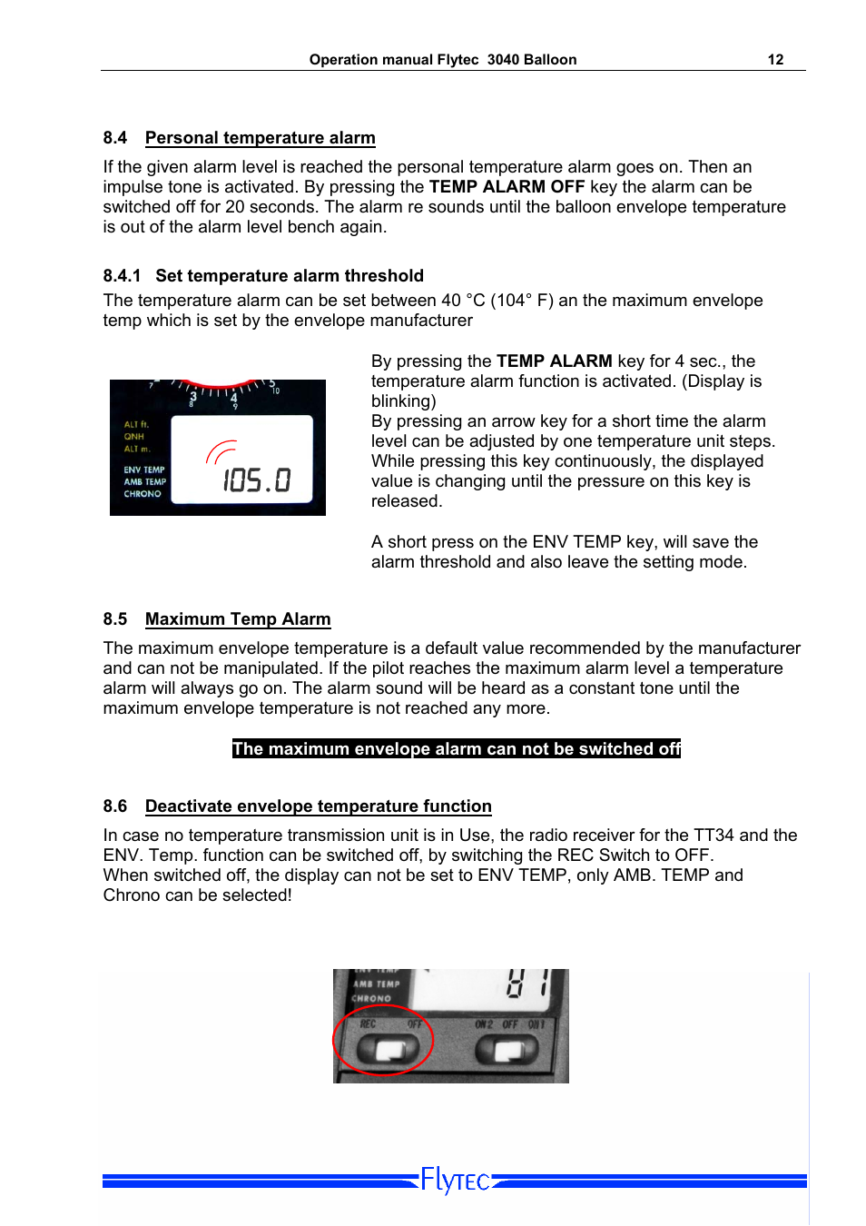 4 personal temperature alarm, 1 set temperature alarm threshold, 5 maximum temp alarm | 6 deactivate envelope temperature function, Personal temperature alarm, Set temperature alarm threshold, Maximum temp alarm, Deactivate envelope temperature function | Flytec 3040/TT34 * User Manual | Page 13 / 20