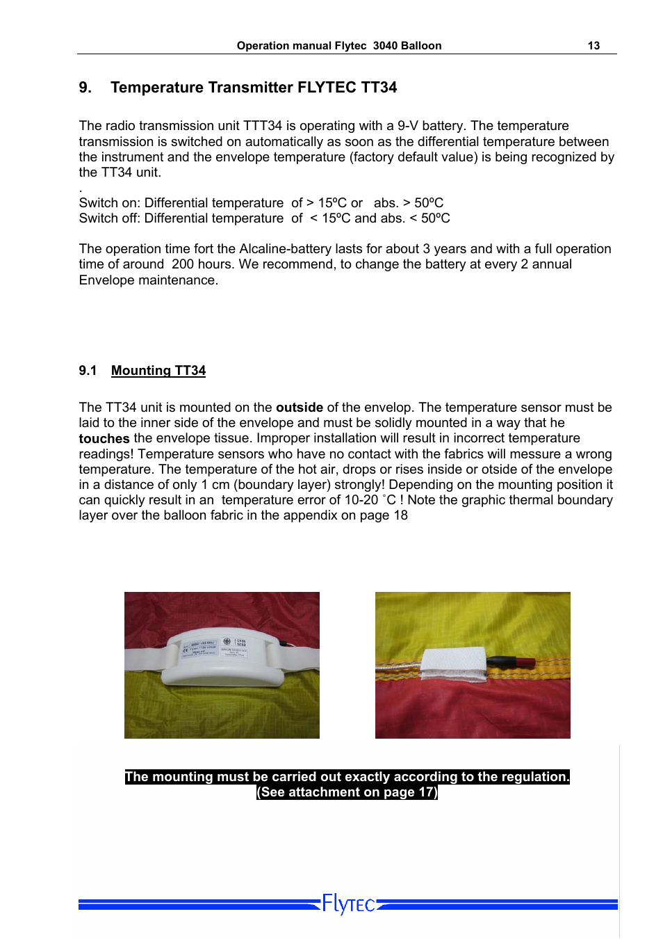 Temperature transmitter flytec tt34, 1 mounting tt34, Mounting tt34 | Flytec 3040/TT34 * User Manual | Page 14 / 20