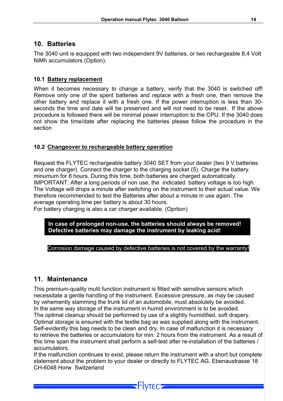 Batteries, 1 battery replacement, 2 changeover to rechargeable battery operation | Maintenance, Battery replacement, Changeover to rechargeable battery operation | Flytec 3040/TT34 * User Manual | Page 15 / 20