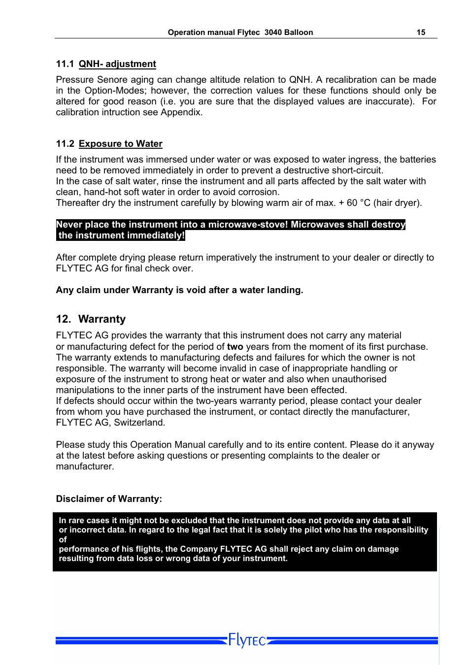 1 qnh- adjustment, 2 exposure to water, Warranty | Qnh- adjustment, Exposure to water | Flytec 3040/TT34 * User Manual | Page 16 / 20