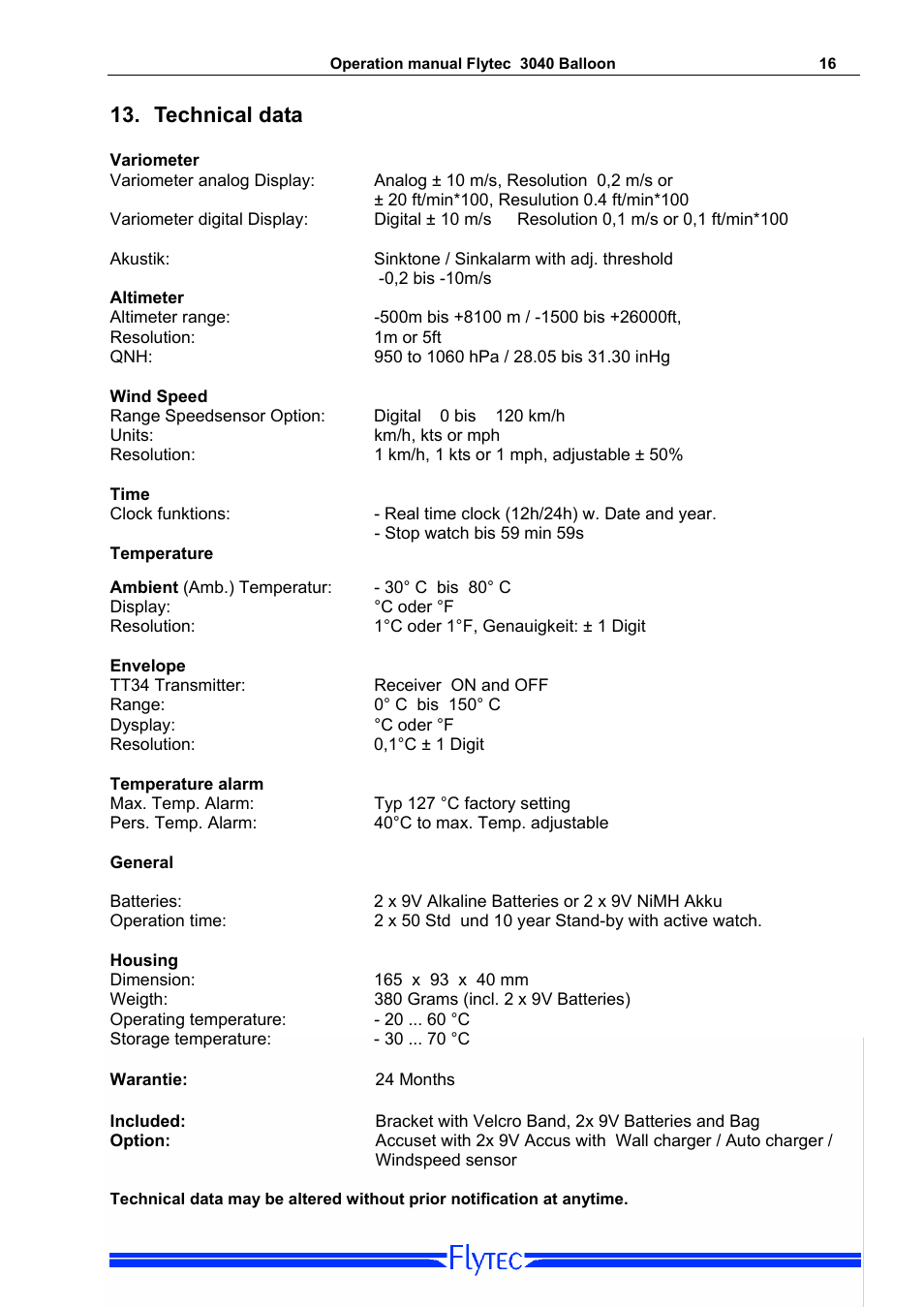 Technical data | Flytec 3040/TT34 * User Manual | Page 17 / 20