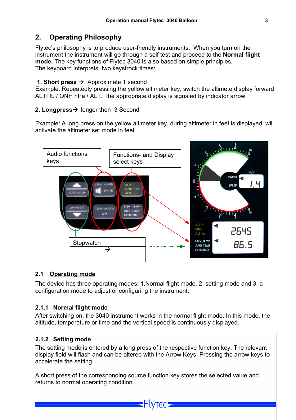 Operating philosophy, 1 operating mode, 1 normal flight mode | 2 setting mode, Operating mode, Normal flight mode, Setting mode | Flytec 3040/TT34 * User Manual | Page 4 / 20