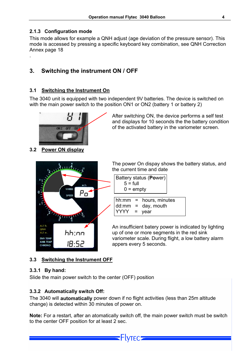 3 configuration mode, Switching the instrument on / off, 1 switching the instrument on | 2 power on display, 3 switching the instrument off, 1 by hand, 2 automatically switch off, Configuration mode, Switching the instrument on, Power on display | Flytec 3040/TT34 * User Manual | Page 5 / 20