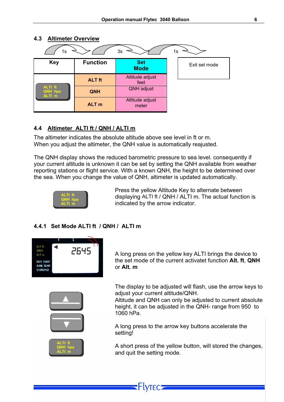 3 altimeter overview, 4 altimeter alti ft / qnh / alti m, 1 set mode alti ft / qnh / alti m | Altimeter overview, Altimeter alti ft / qnh / alti m, Set mode alti ft / qnh / alti m | Flytec 3040/TT34 * User Manual | Page 7 / 20