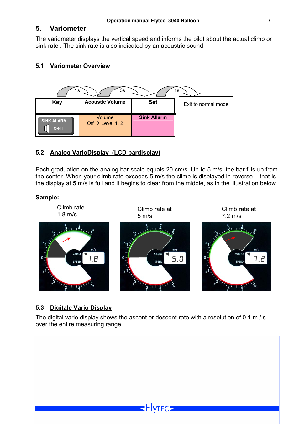 Variometer, 1 variometer overview, 2 analog variodisplay (lcd bardisplay) | 3 digitale vario display, Variometer overview, Analog variodisplay (lcd bardisplay), Digitale vario display | Flytec 3040/TT34 * User Manual | Page 8 / 20