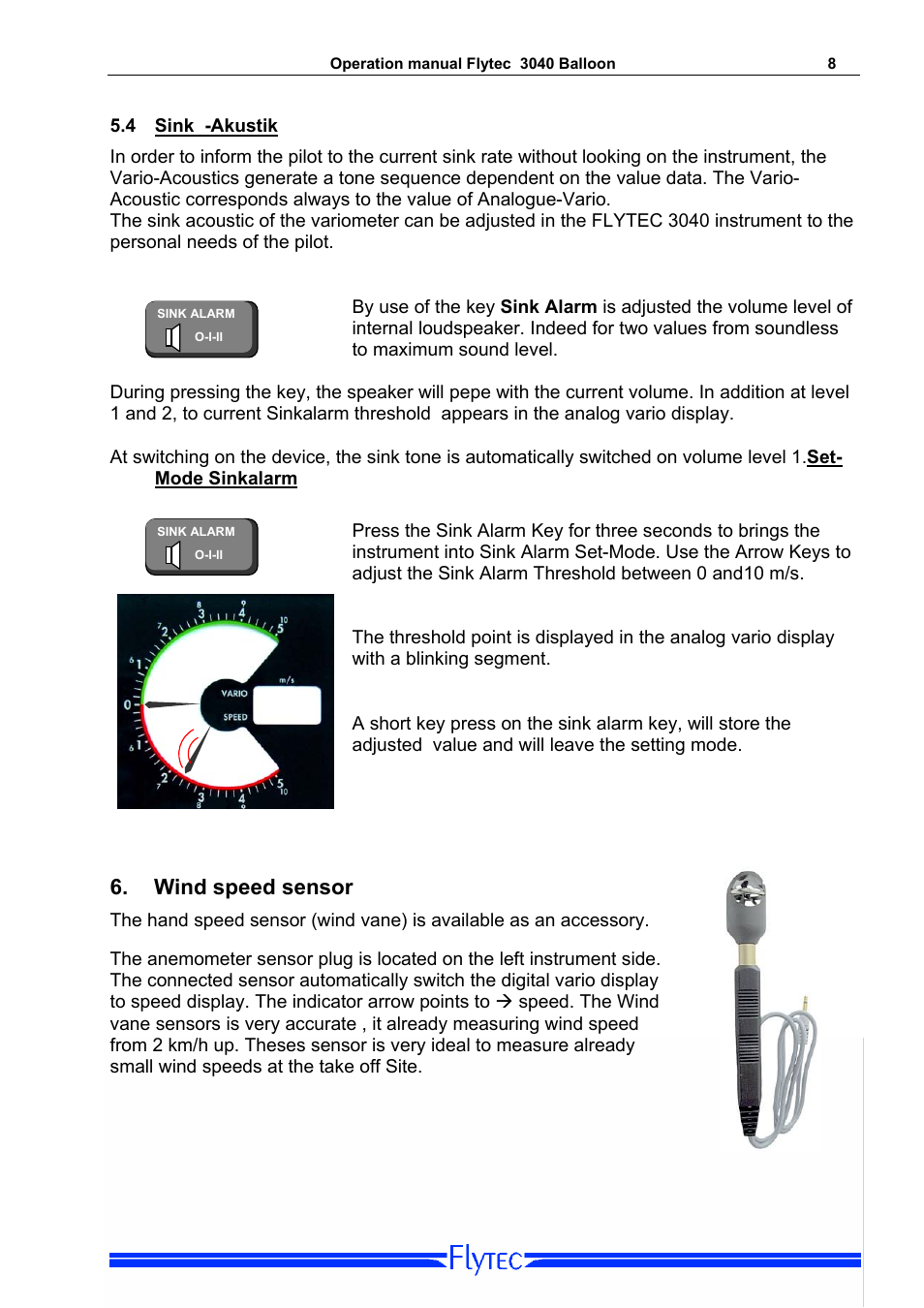 4 sink -akustik, Set-mode sinkalarm, Wind speed sensor | Sink -akustik | Flytec 3040/TT34 * User Manual | Page 9 / 20