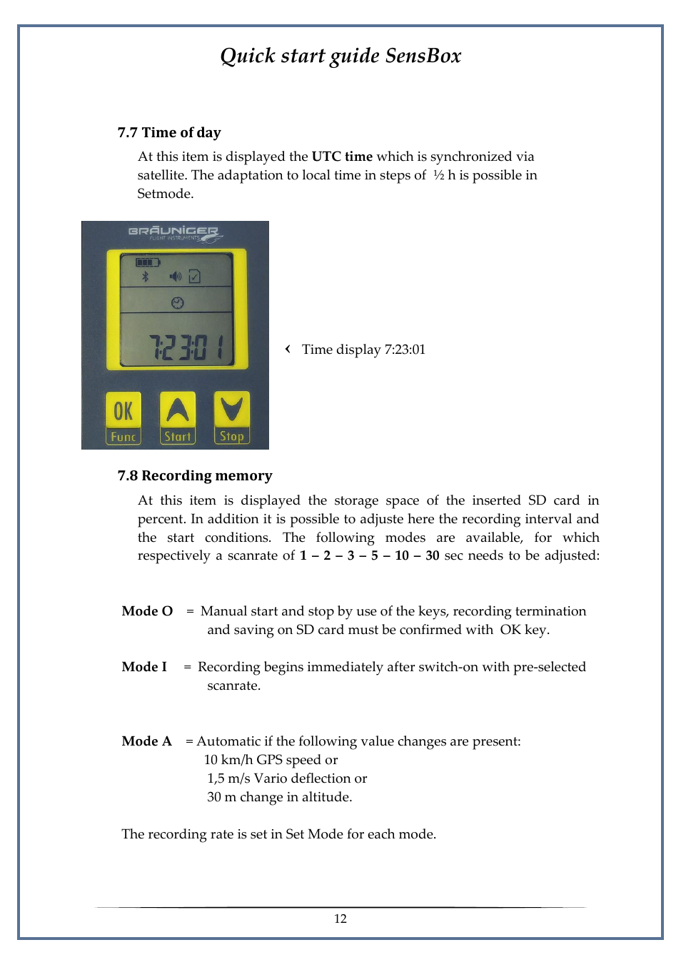 7 time of day, 8 recording memory, Quick start guide sensbox | Flytec SensBox User Manual | Page 12 / 17