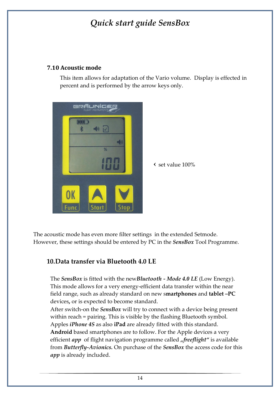 10 acoustic mode, Data transfer via bluetooth 4.0 le, Quick start guide sensbox | Flytec SensBox User Manual | Page 14 / 17