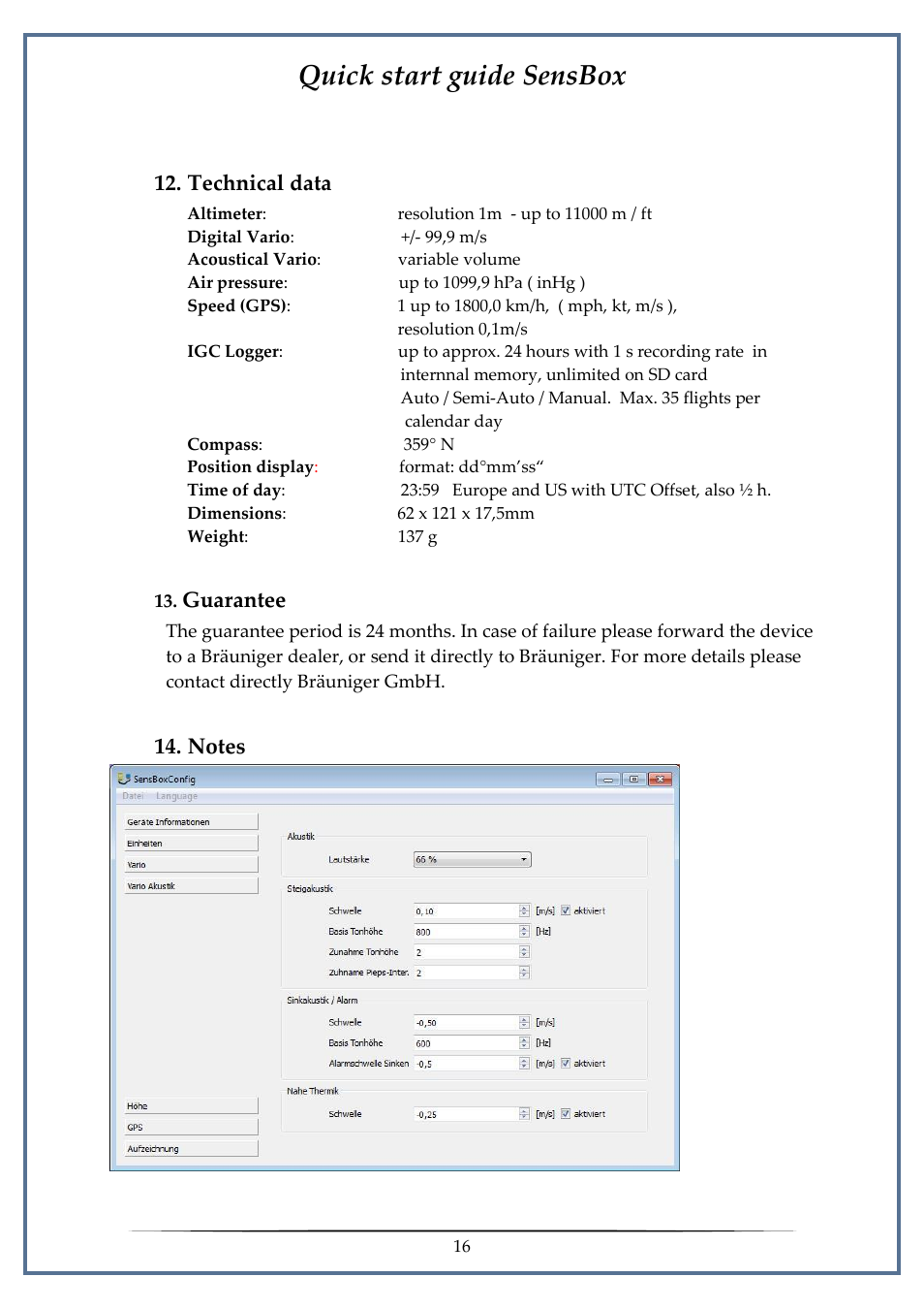 Technical data, Guarantee, Notes | Quick start guide sensbox | Flytec SensBox User Manual | Page 16 / 17