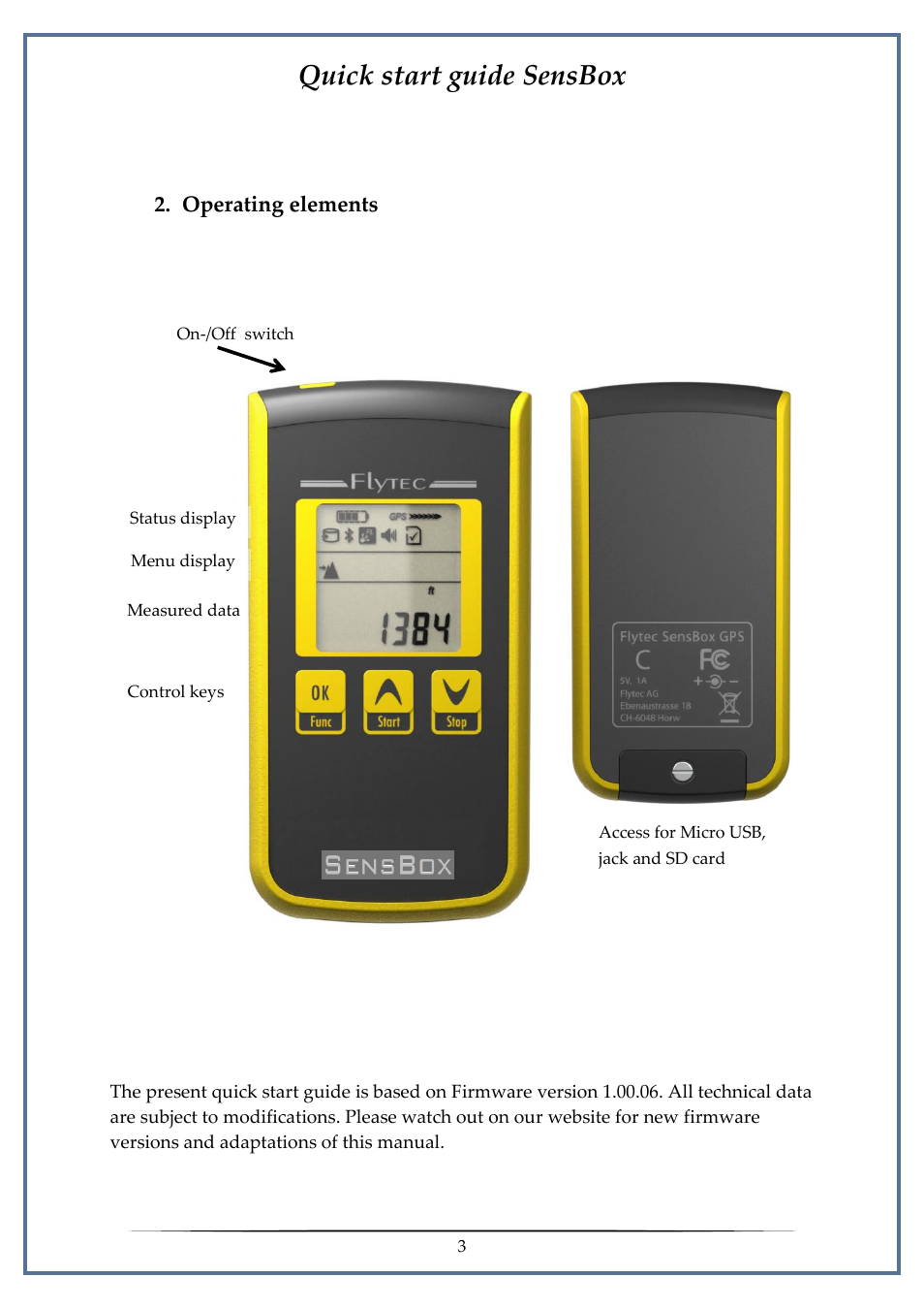 Operating elements, Quick start guide sensbox | Flytec SensBox User Manual | Page 3 / 17