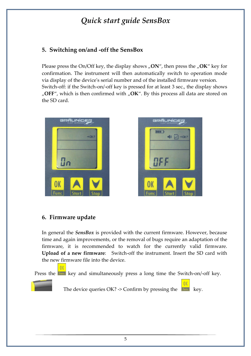 Switching-on/and –off the sensbox, Firmware update, Quick start guide sensbox | Flytec SensBox User Manual | Page 5 / 17