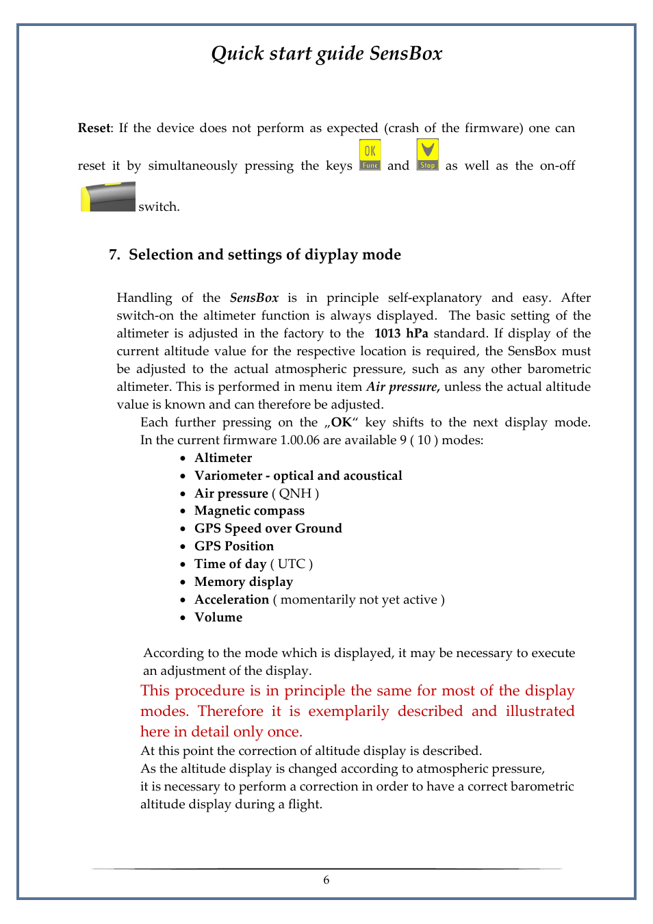 Selection and settings of display mode, Quick start guide sensbox | Flytec SensBox User Manual | Page 6 / 17