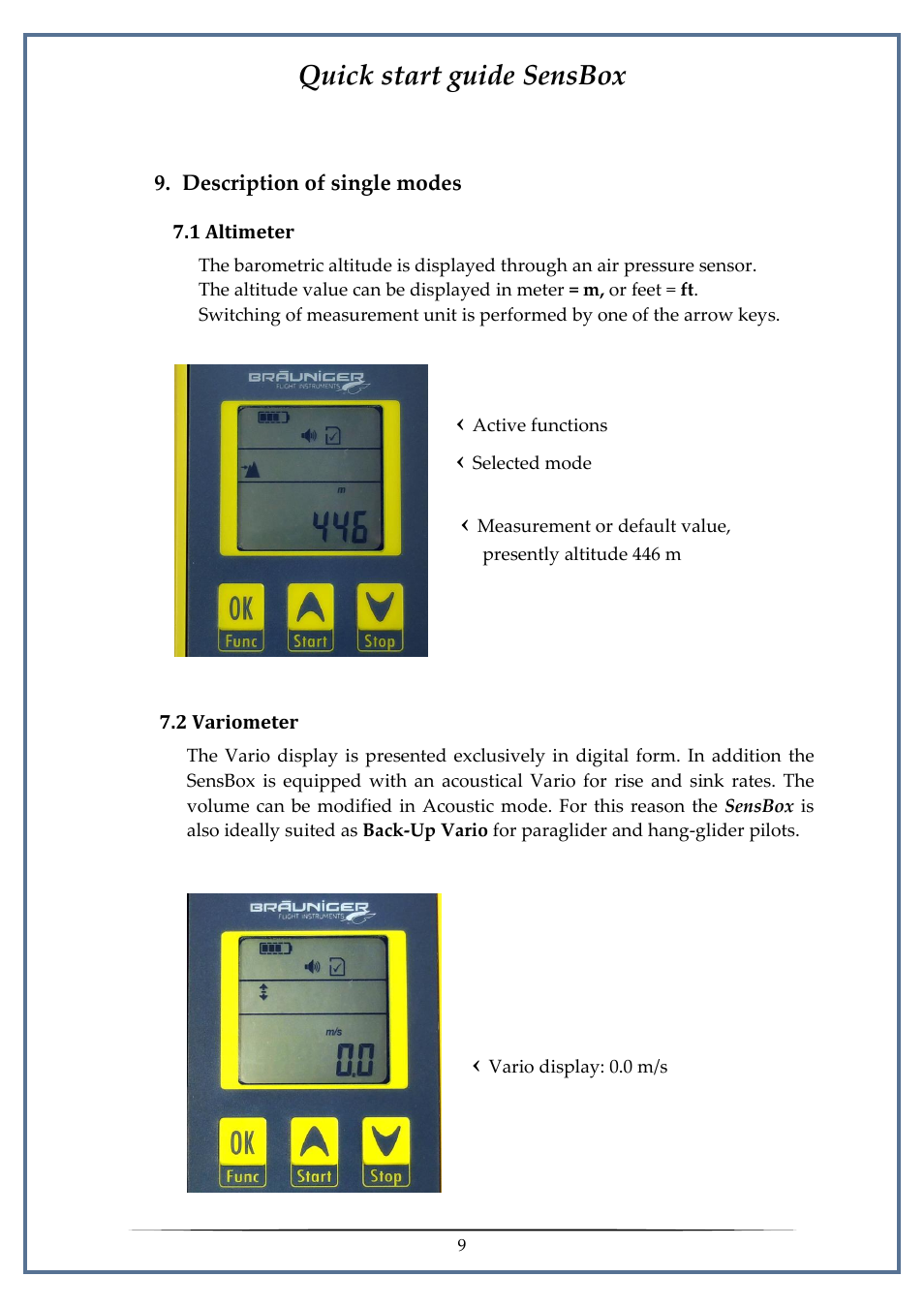 Description of single modes, 1 altimeter, 2 variometer | Quick start guide sensbox | Flytec SensBox User Manual | Page 9 / 17