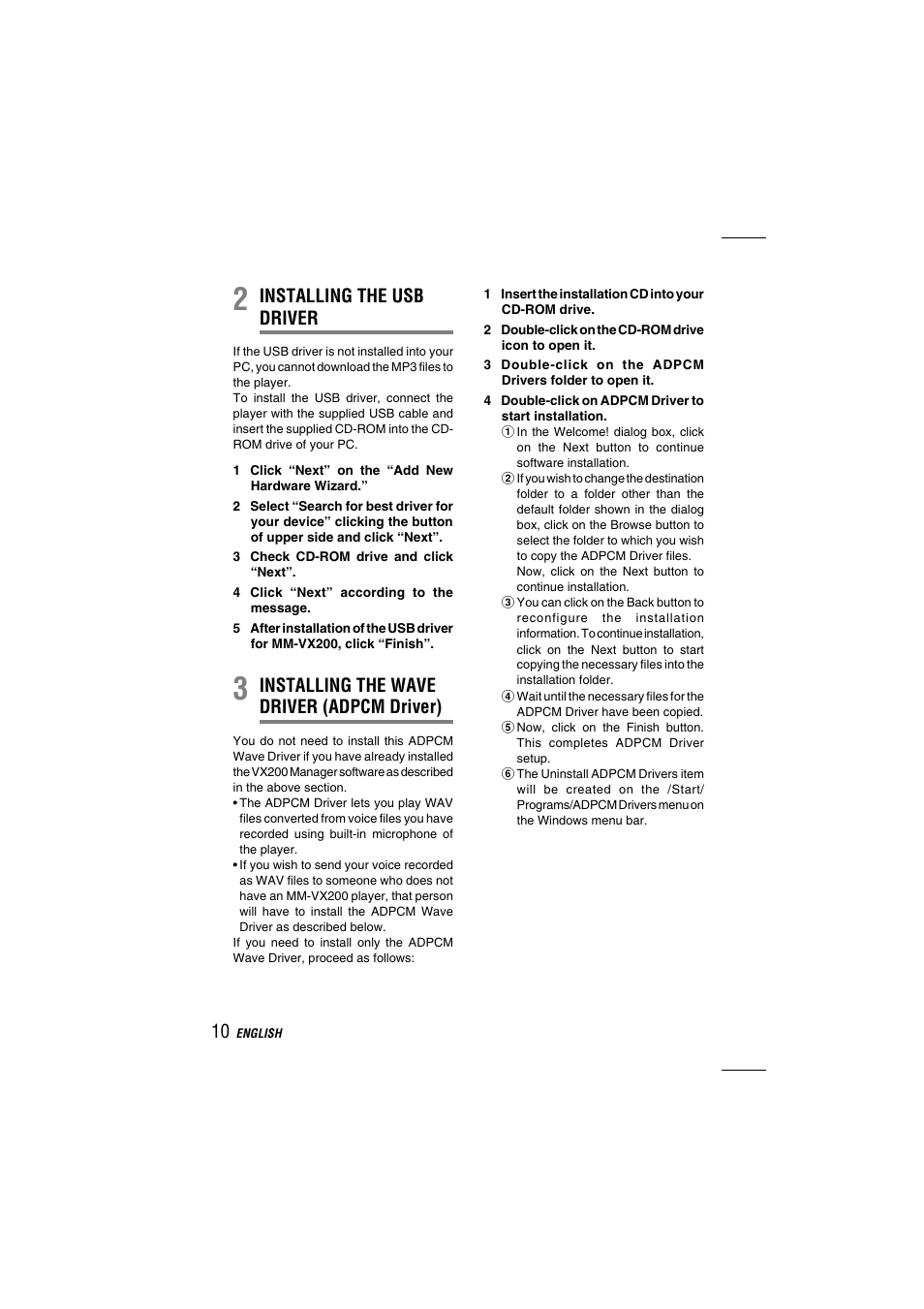 Installing the usb driver, Installing the wave driver (adpcm driver) | Aiwa MM-VX200 User Manual | Page 10 / 24