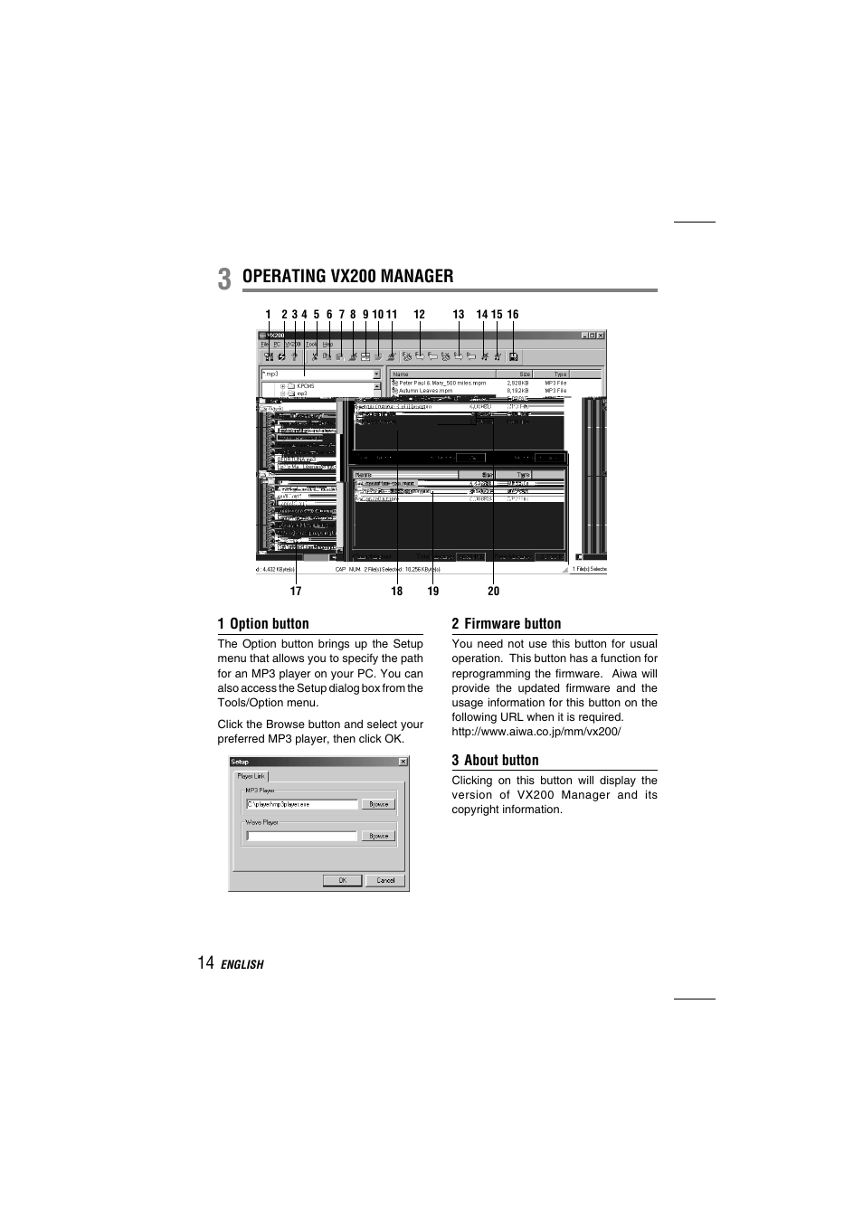 Operating vx200 manager | Aiwa MM-VX200 User Manual | Page 14 / 24
