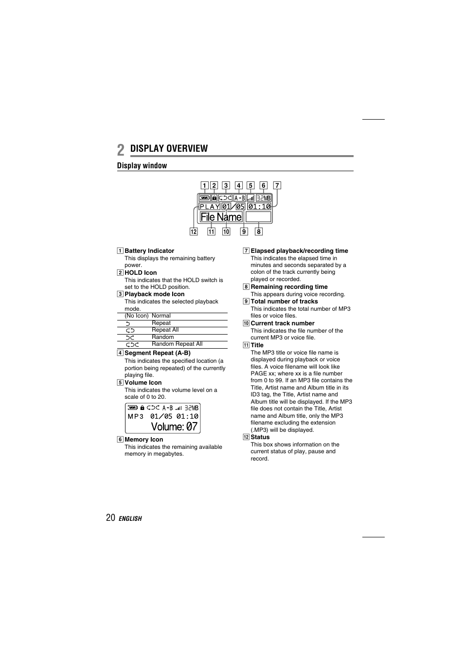 Display overview | Aiwa MM-VX200 User Manual | Page 20 / 24