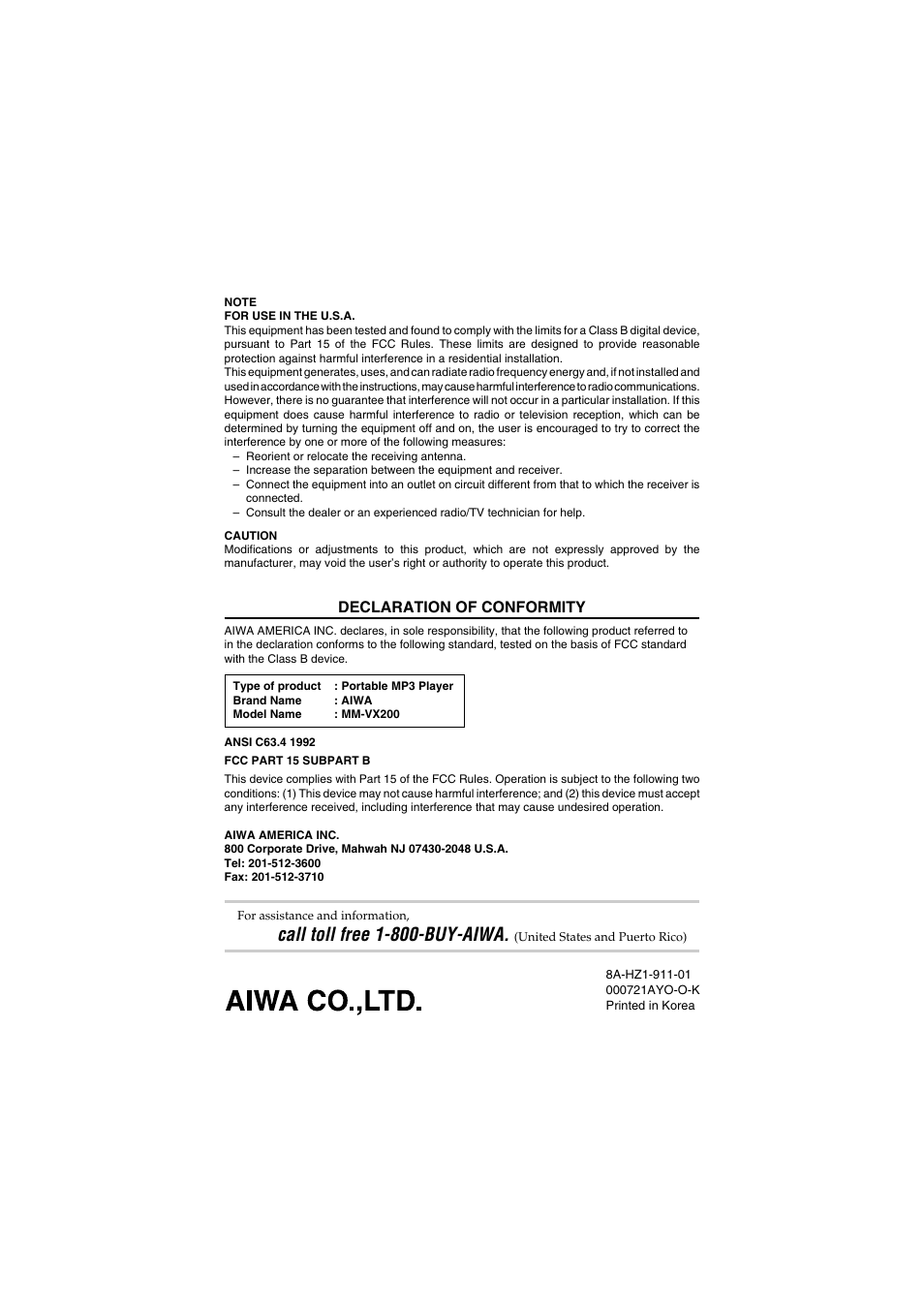 Call toll free 1-800-buy-aiwa, Declaration of conformity | Aiwa MM-VX200 User Manual | Page 24 / 24