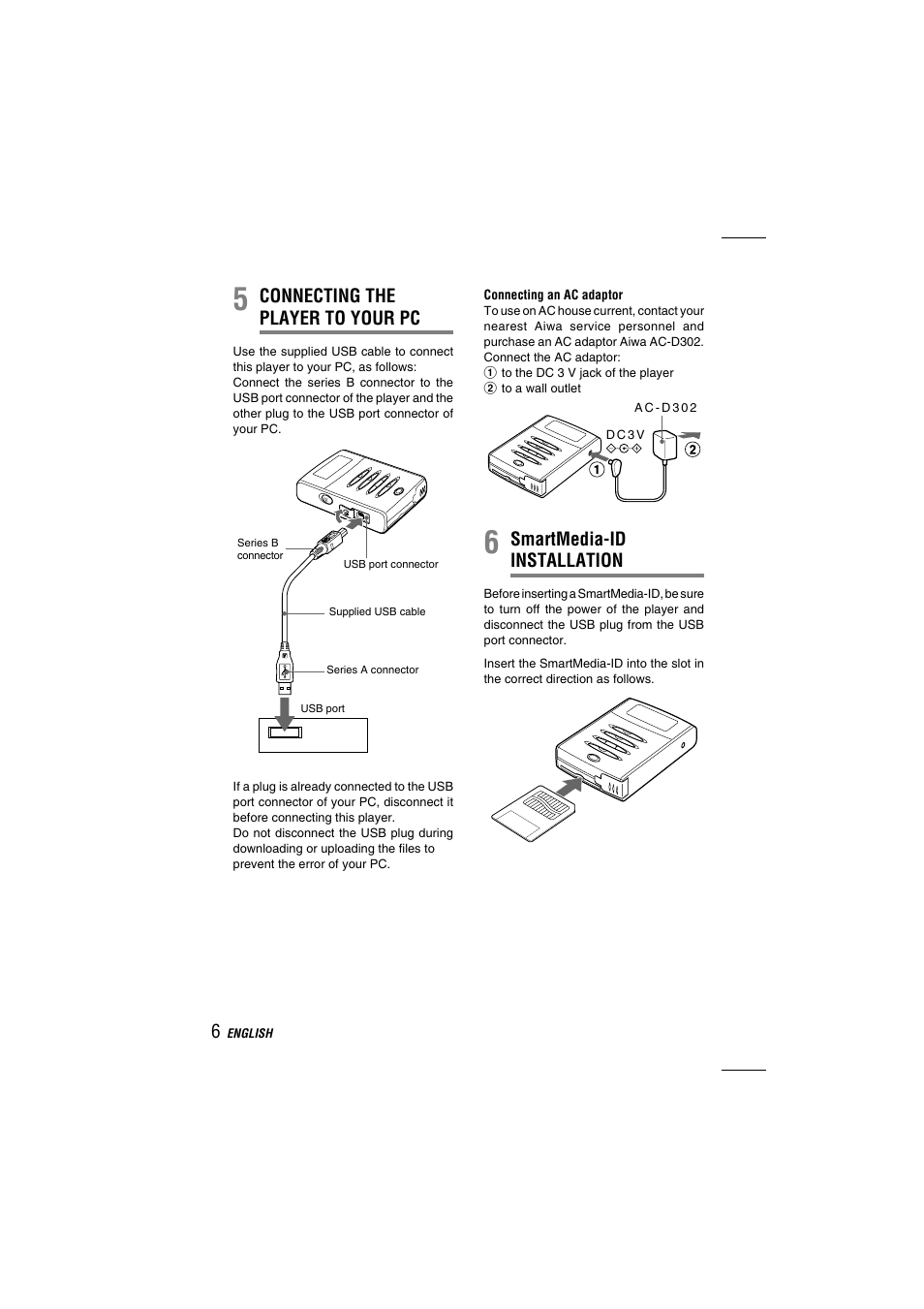 Connecting the player to your pc, Smartmedia-id installation | Aiwa MM-VX200 User Manual | Page 6 / 24