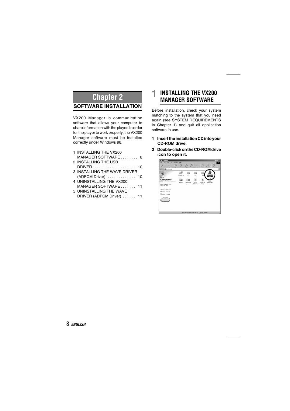 Chapter 2, Installing the vx200 manager software | Aiwa MM-VX200 User Manual | Page 8 / 24