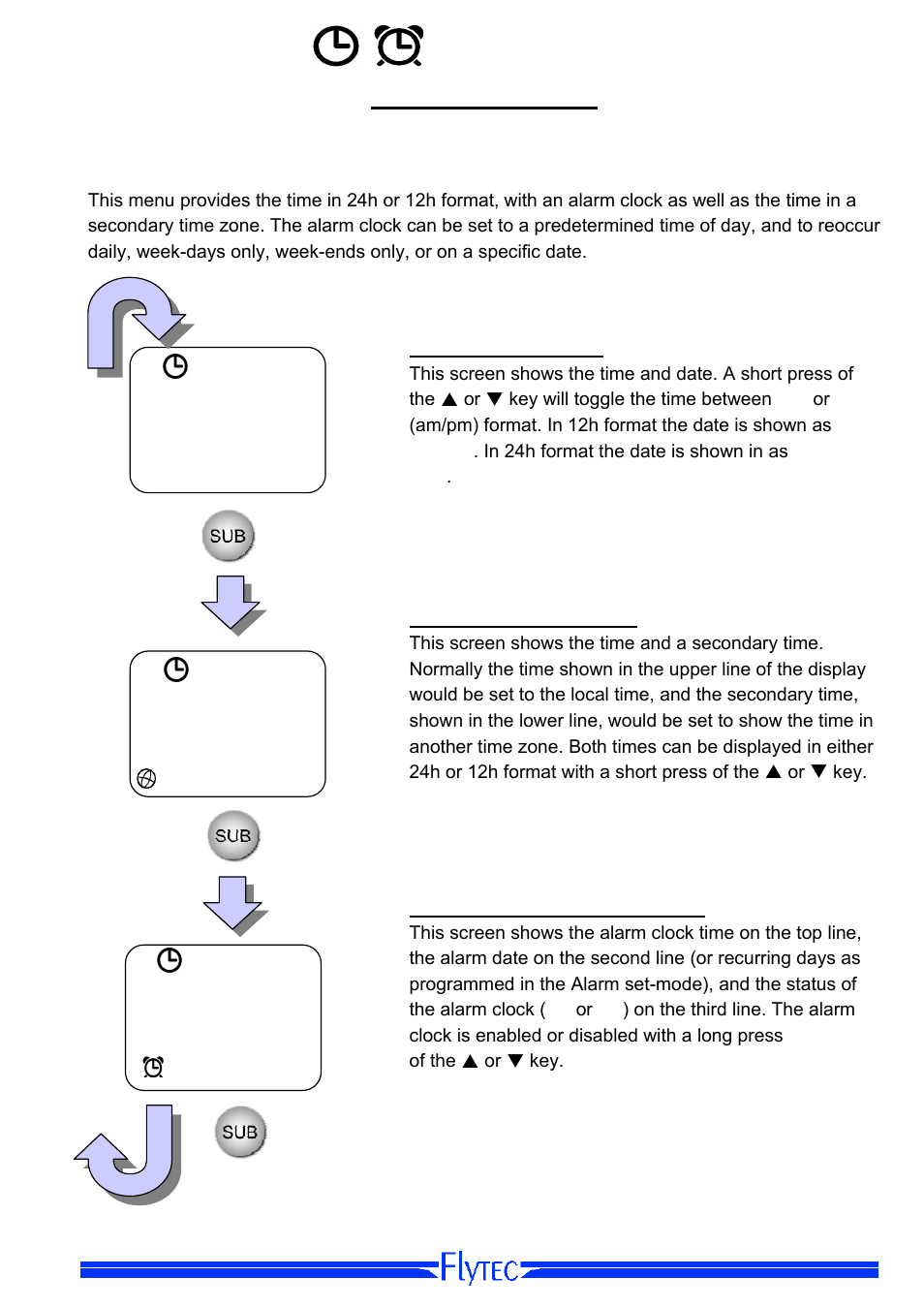 Time and alarm clock, Time and alarm clock screens, Time and date display | Time with secondary time, Alarm clock time, date and status | Flytec Windwatch Pro User Manual | Page 11 / 28