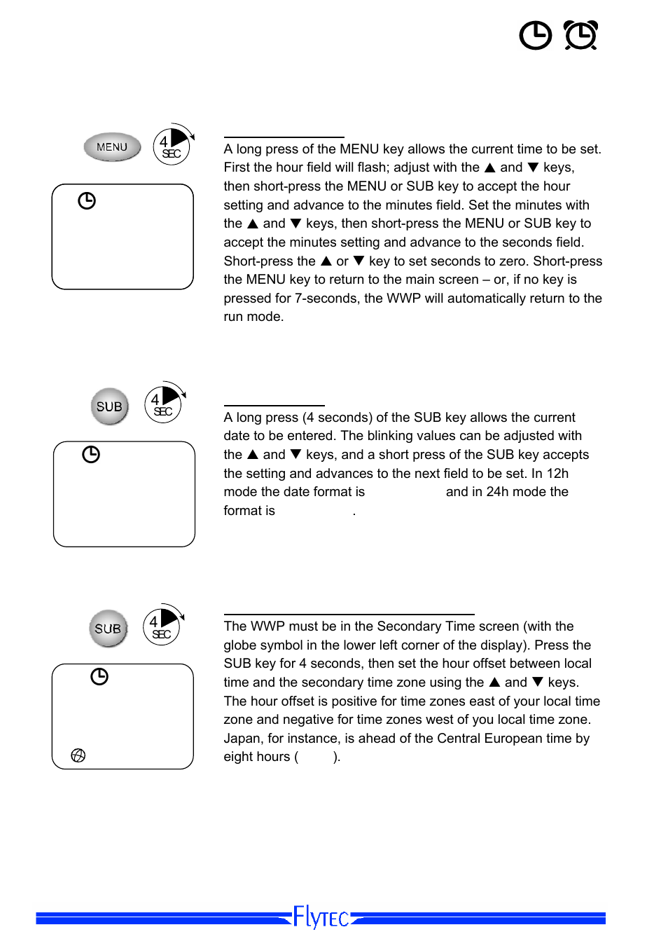 Time and alarm clock settings, Setting time of day, Setting the date | Setting the time for a second time zone | Flytec Windwatch Pro User Manual | Page 12 / 28