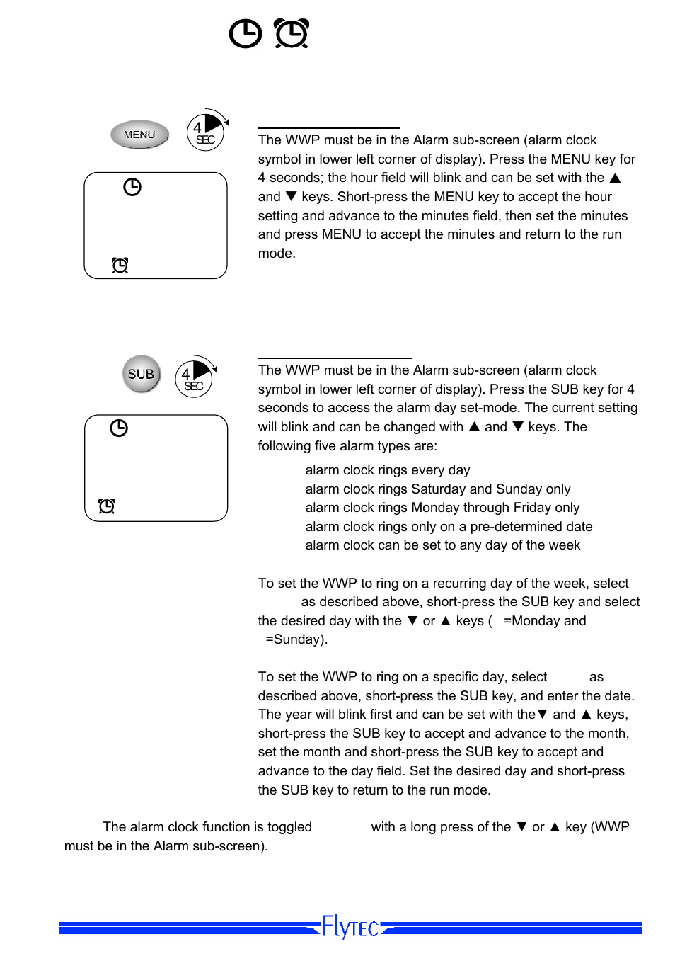 Setting the alarm time, Setting the alarm day(s), Setting the alarm time setting the alarm day(s) | Flytec Windwatch Pro User Manual | Page 13 / 28