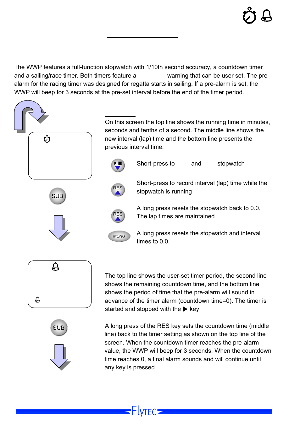 Stopwatch and timer, Stopwatch and timer screens, Stopwatch | Timer, Stopwatch timer | Flytec Windwatch Pro User Manual | Page 14 / 28