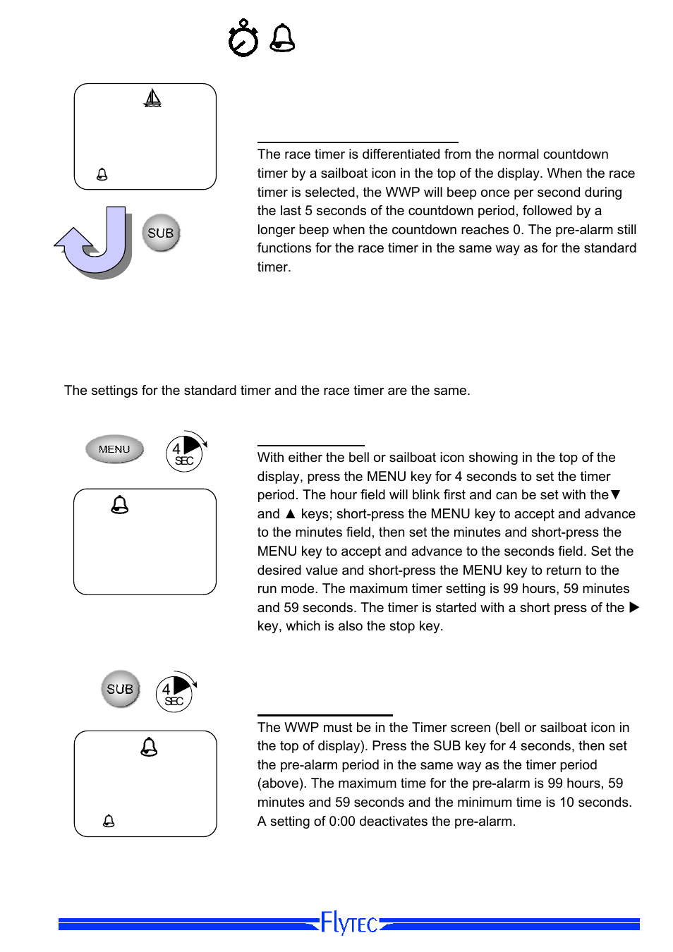 Race/sail timer for regatta start, Timer settings, Setting the timer | Setting the pre-alarm, Setting the timer setting the pre-alarm | Flytec Windwatch Pro User Manual | Page 15 / 28