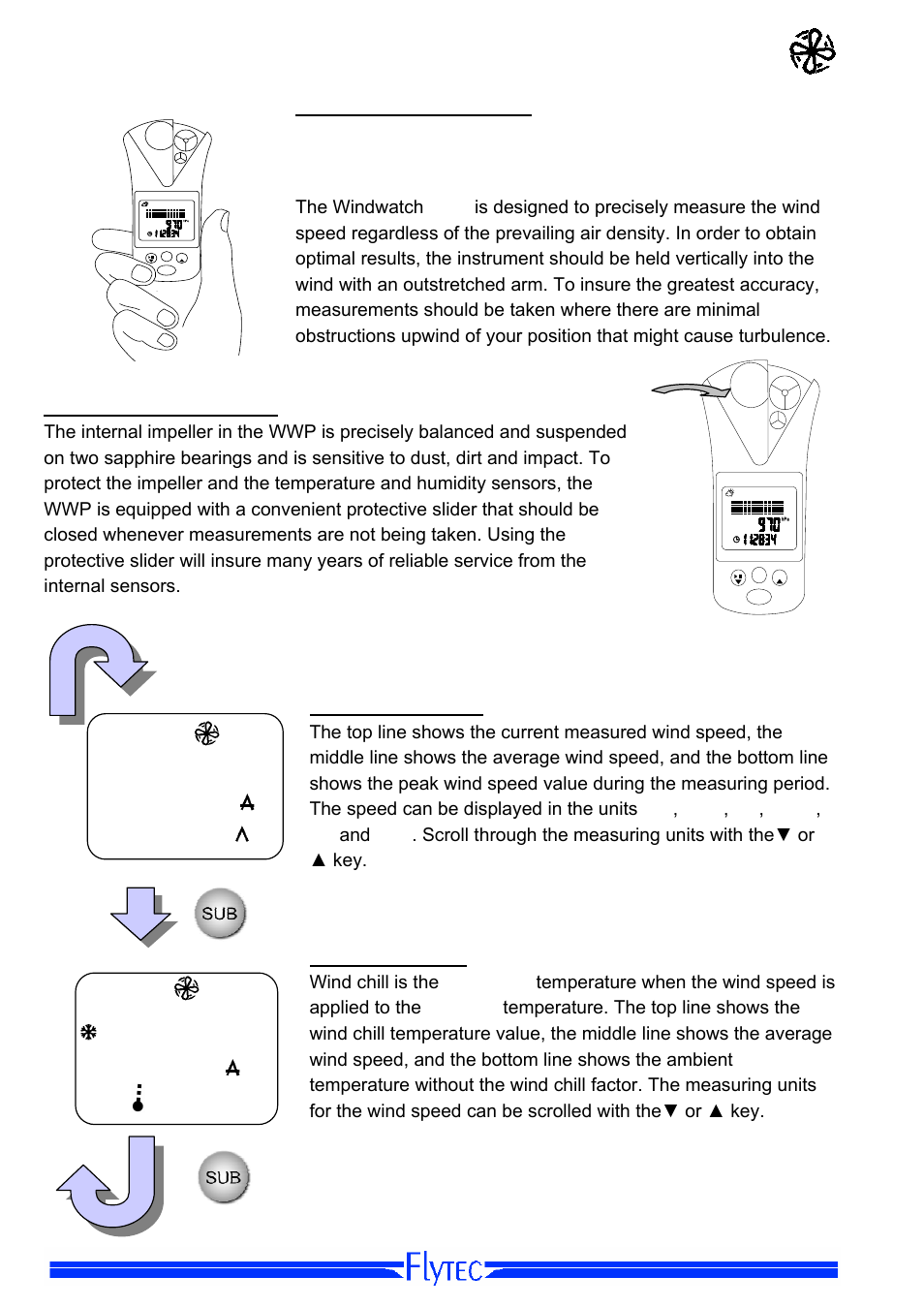 Wind speed/wind chill, Measuring wind speed, Using the protective slider | Wind speed screens, Wind speed display, Wind chill display, Wind speed display wind chill display | Flytec Windwatch Pro User Manual | Page 16 / 28