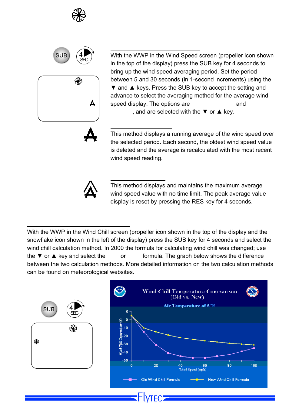 Wind speed settings, Setting the wind speed averager, Normal average value | Peak average value, Setting wind chill calculation method, 10 sec | Flytec Windwatch Pro User Manual | Page 17 / 28