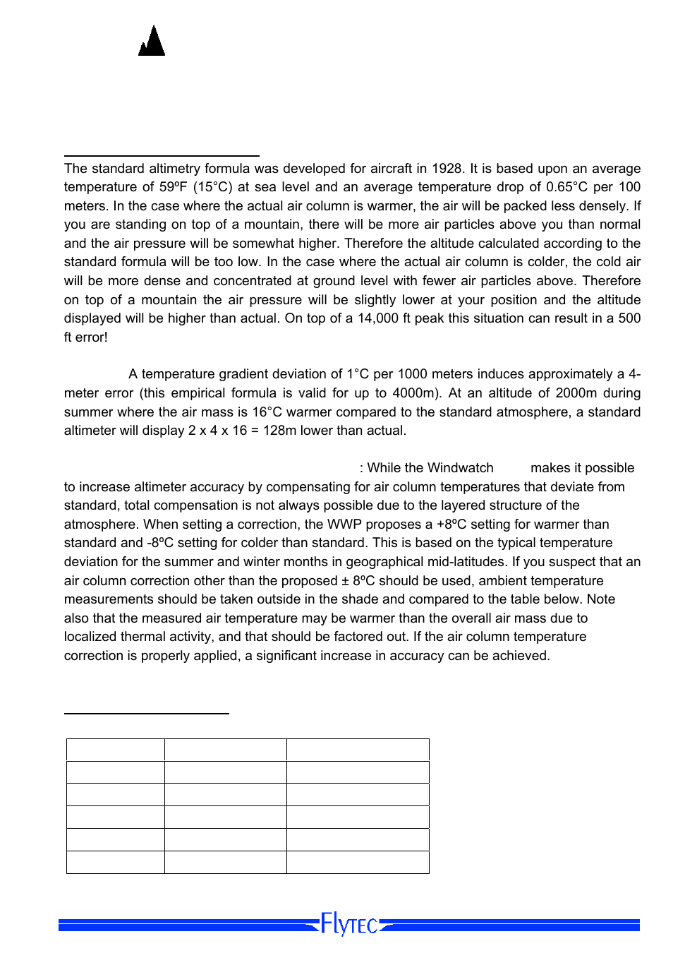 Altimetry for the ambitious user, Temperature of the air column, Table normal atmosphere | Flytec Windwatch Pro User Manual | Page 19 / 28