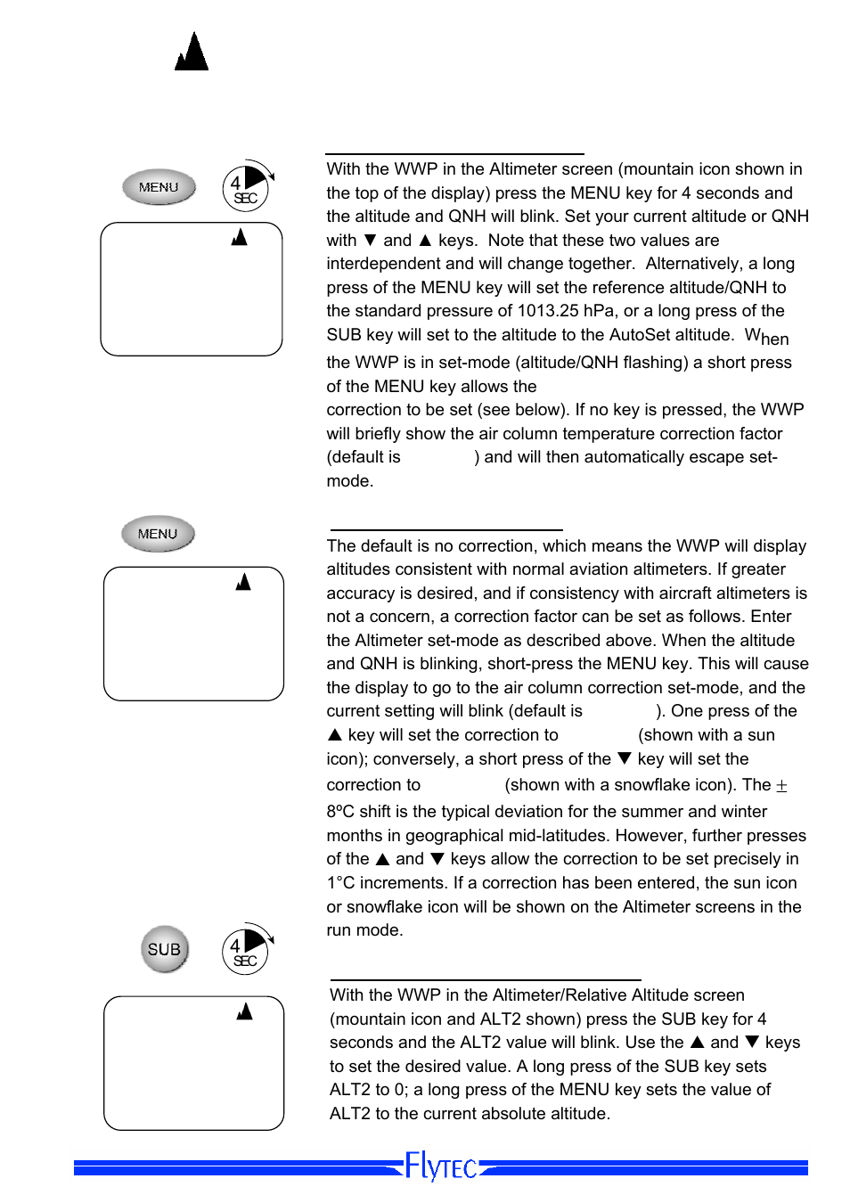 Altimeter settings, Setting altimeter/ qnh pressure, Setting the air column factor | Setting the reference altimeter (alt 2), Stnd | Flytec Windwatch Pro User Manual | Page 21 / 28