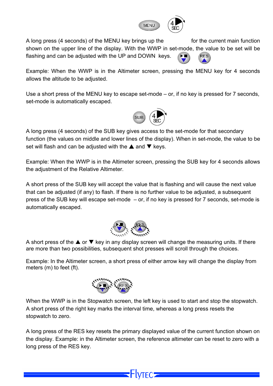 Set-mode for the main display screen, Set-mode for secondary functions, Select measuring units | Start - stop - reset | Flytec Windwatch Pro User Manual | Page 5 / 28