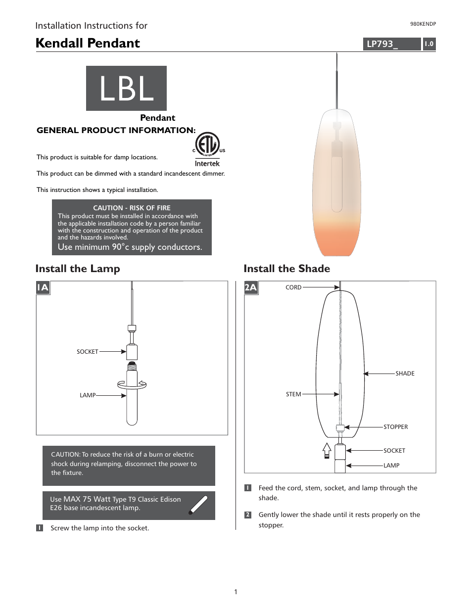 LBL Lighting KENDALL User Manual | 2 pages