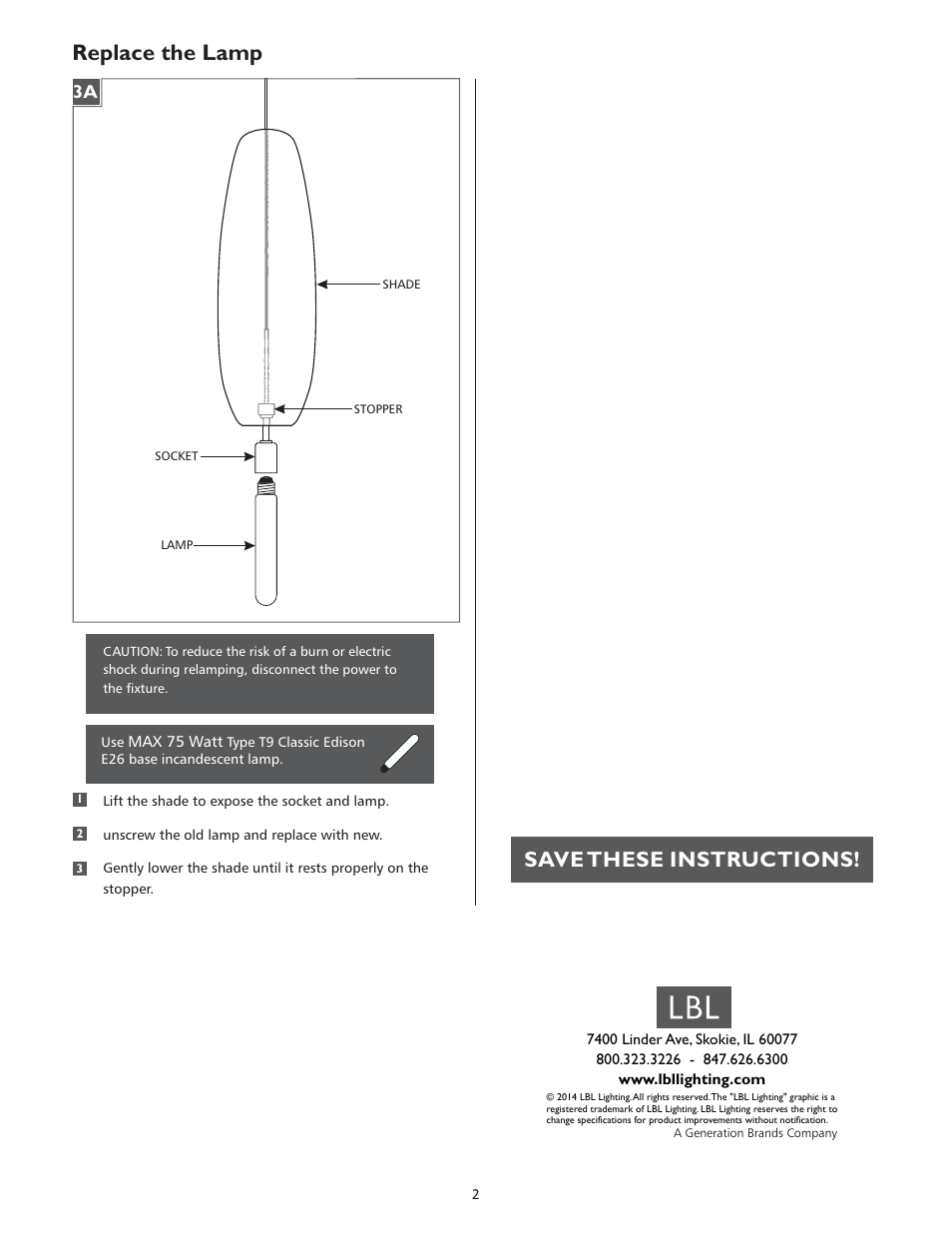 Replace the lamp, Save these instructions | LBL Lighting KENDALL User Manual | Page 2 / 2