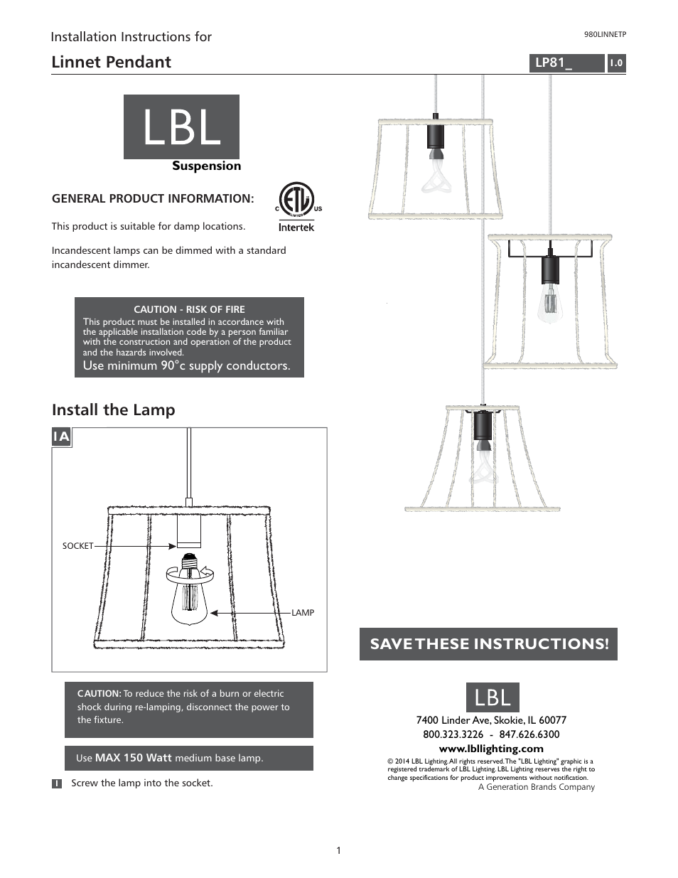 LBL Lighting LINNET PENDANT User Manual | 1 page