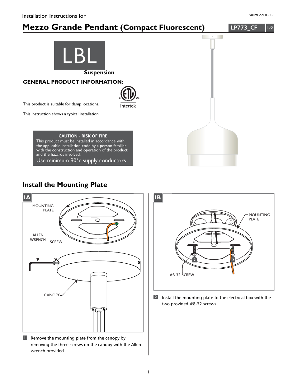 LBL Lighting MEZZO GPCF User Manual | 4 pages