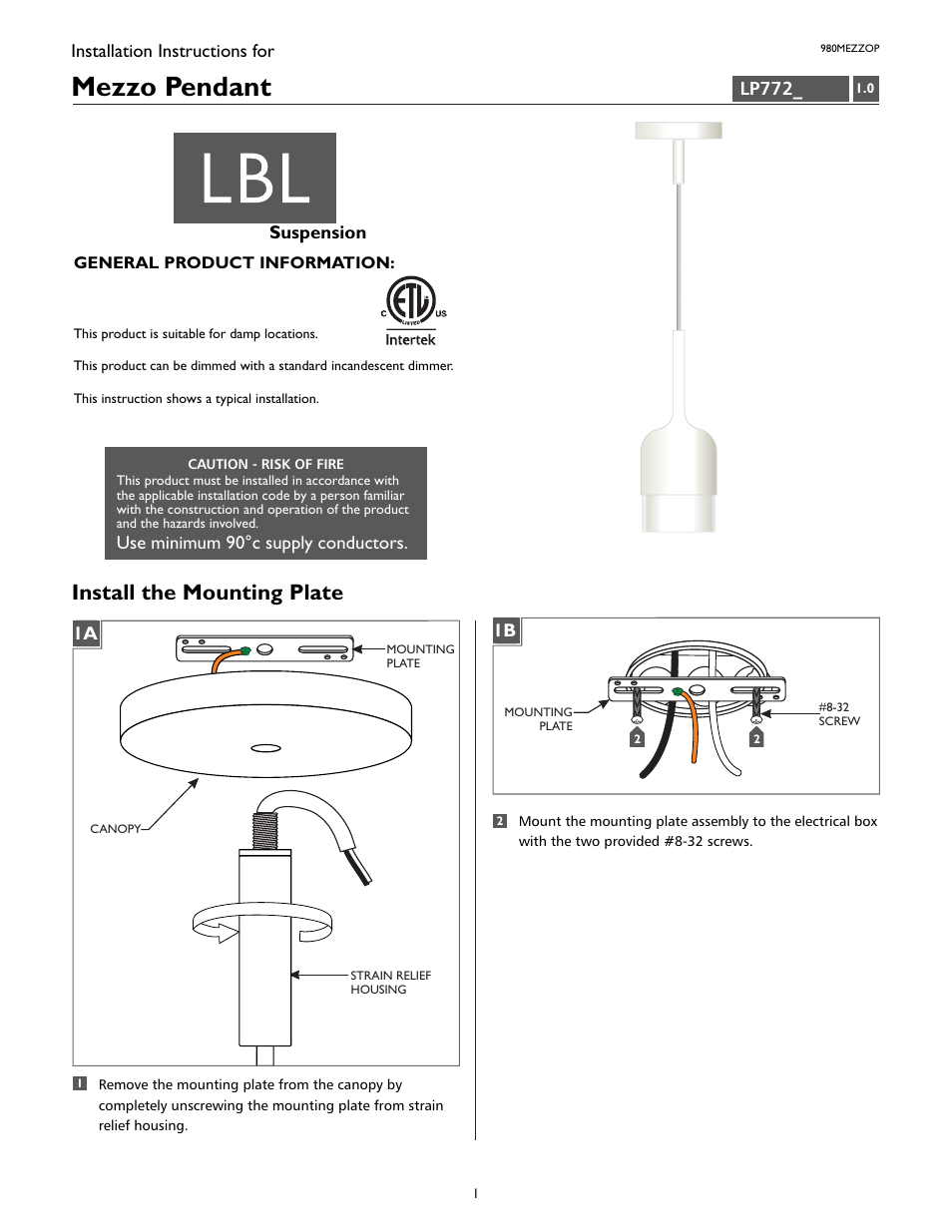 LBL Lighting MEZZO P User Manual | 4 pages