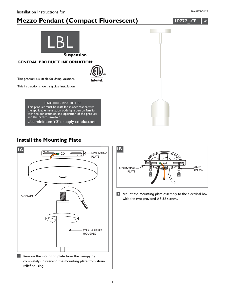 LBL Lighting MEZZO PCF User Manual | 4 pages