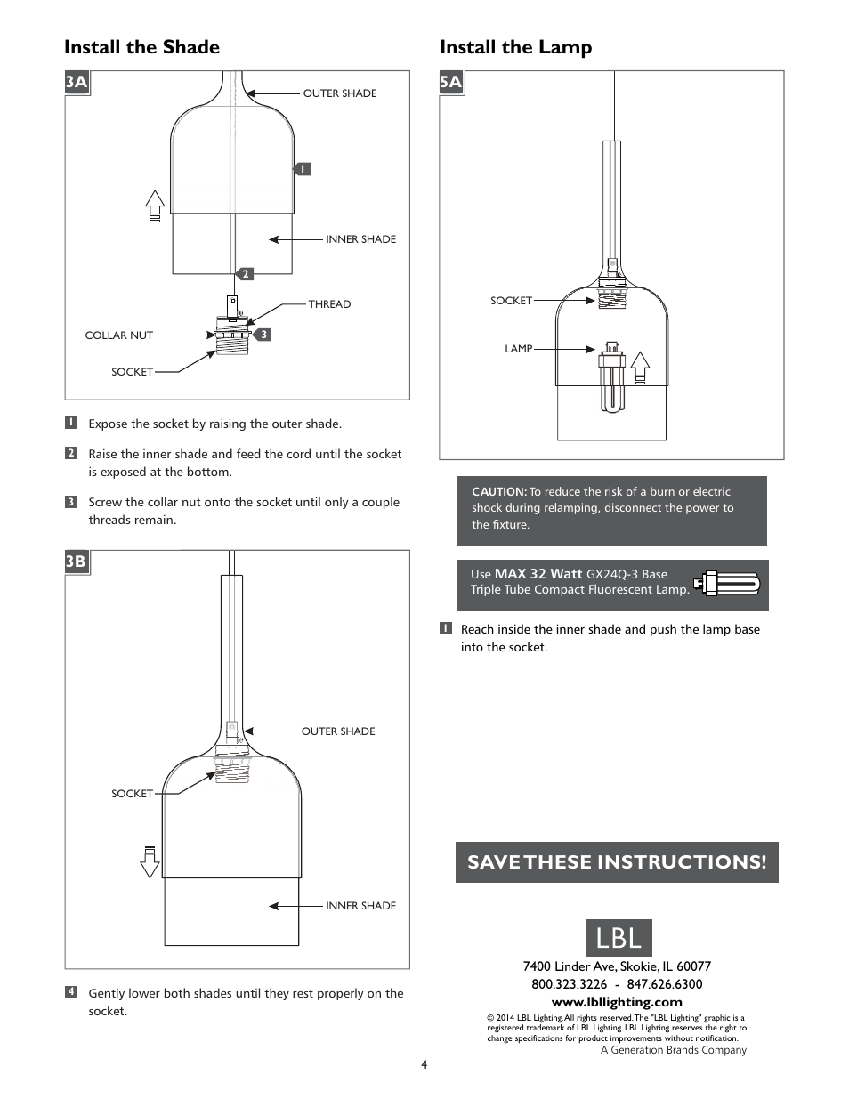 Install the lamp, Install the shade, Save these instructions | LBL Lighting MEZZO PCF User Manual | Page 4 / 4