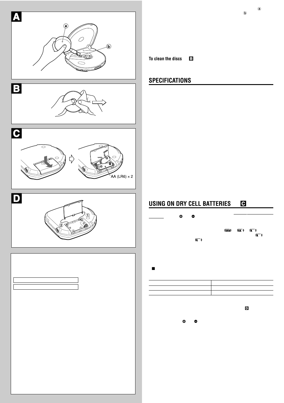 Specifications, Using on dry cell batteries → c | Aiwa XP-R120 User Manual | Page 2 / 8