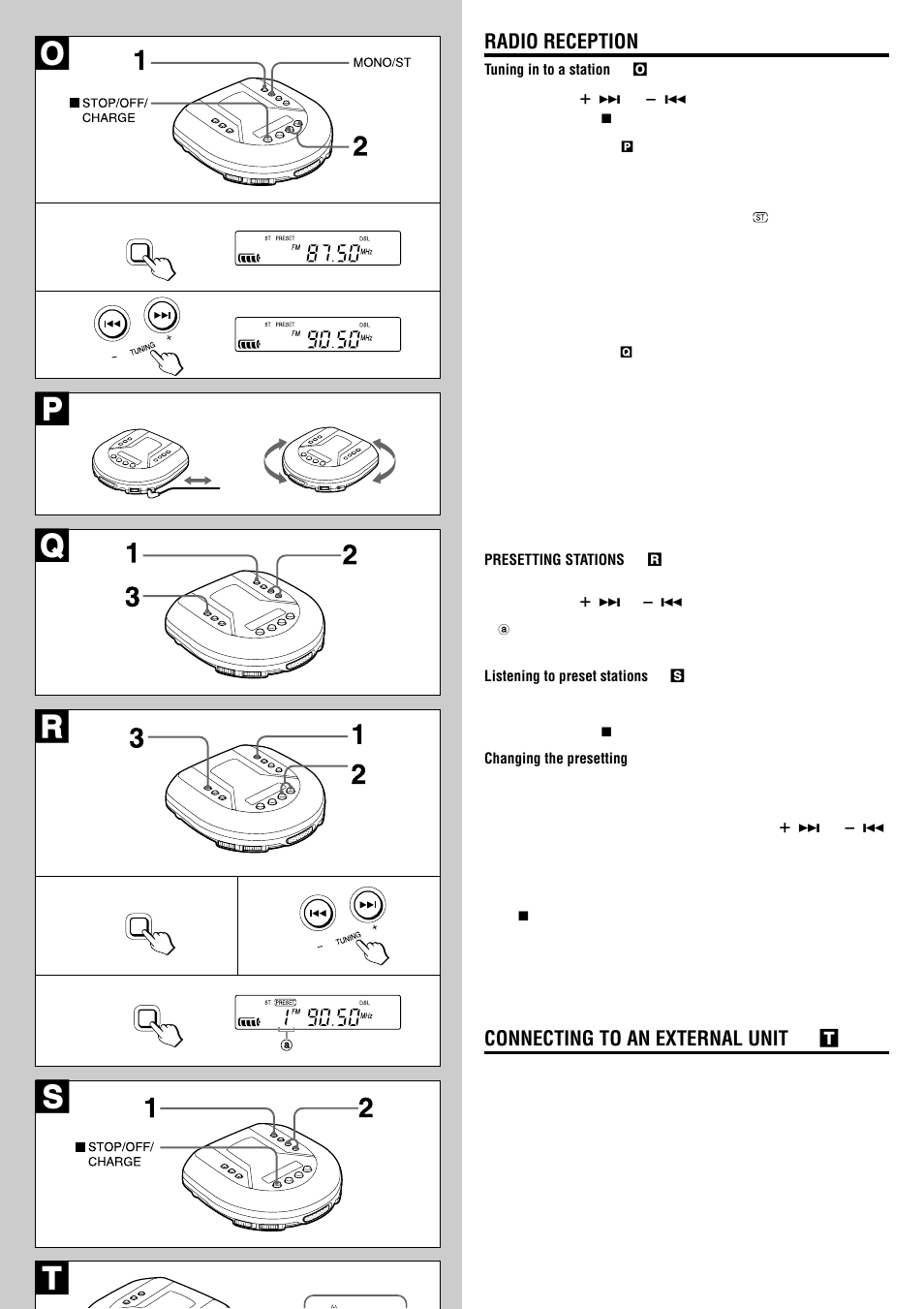 Pq s, Radio reception, Connecting to an external unit → t | Aiwa XP-R120 User Manual | Page 7 / 8