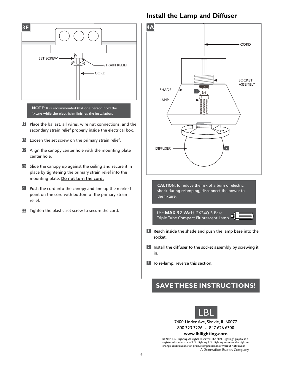 Install the lamp and diffuser, Save these instructions | LBL Lighting MILO SCH User Manual | Page 4 / 4