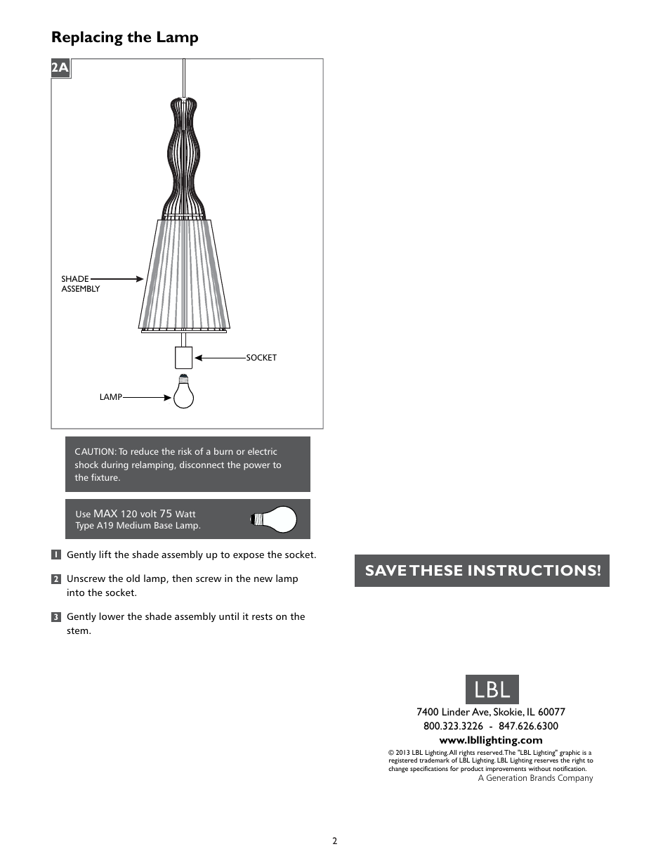 Replacing the lamp, Save these instructions | LBL Lighting SOMEDAY GP User Manual | Page 2 / 2