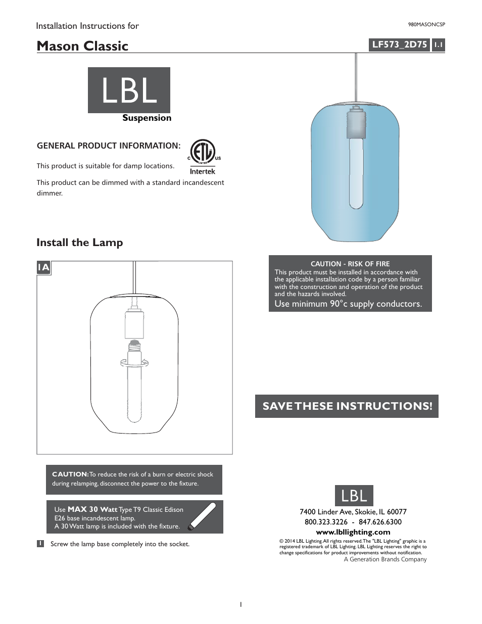 LBL Lighting Mason Classic User Manual | 1 page