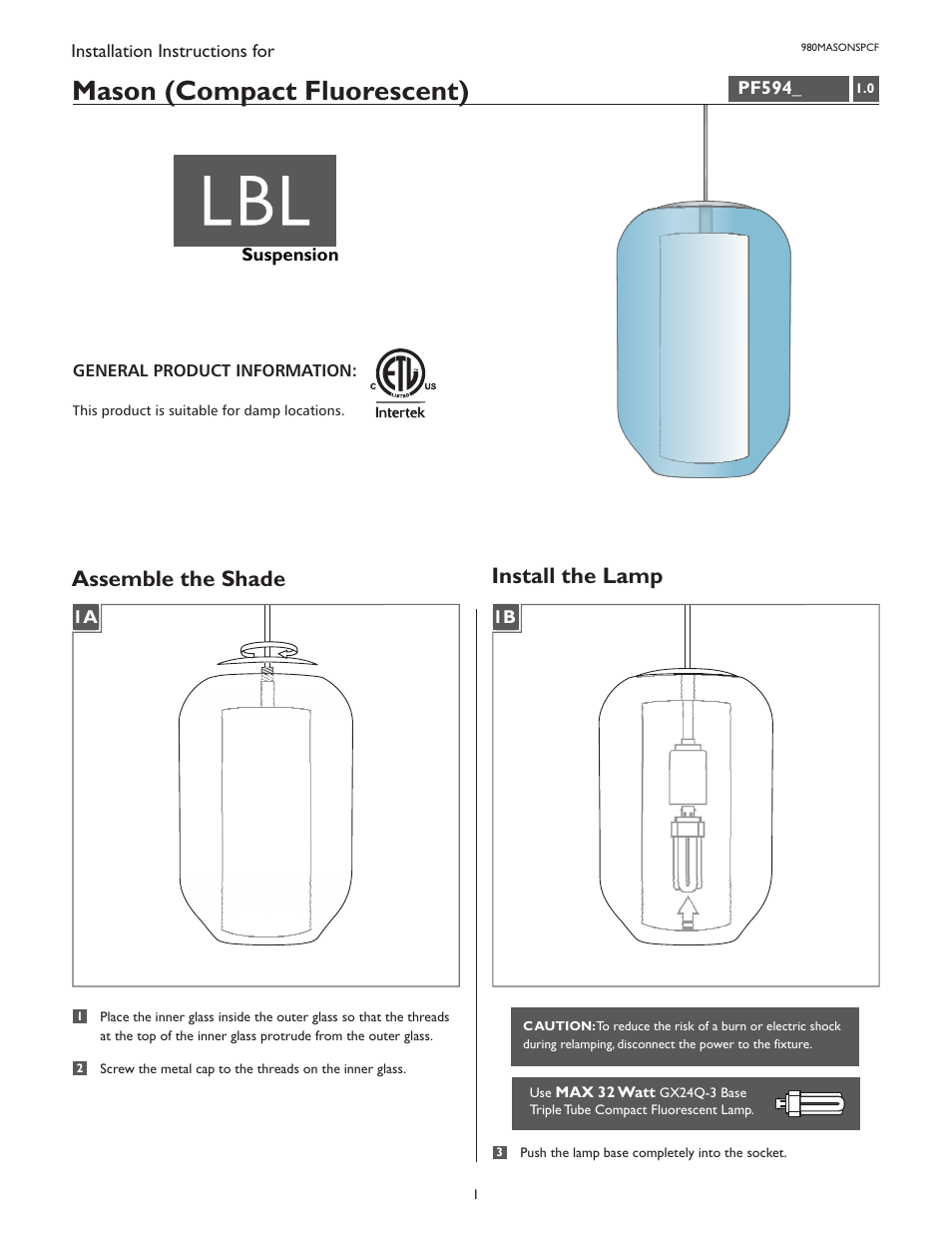 LBL Lighting Mason SPCF User Manual | 2 pages