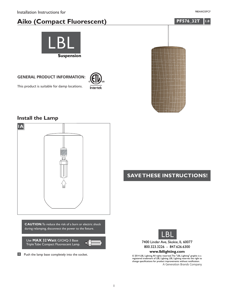LBL Lighting Aiko SPCF User Manual | 1 page
