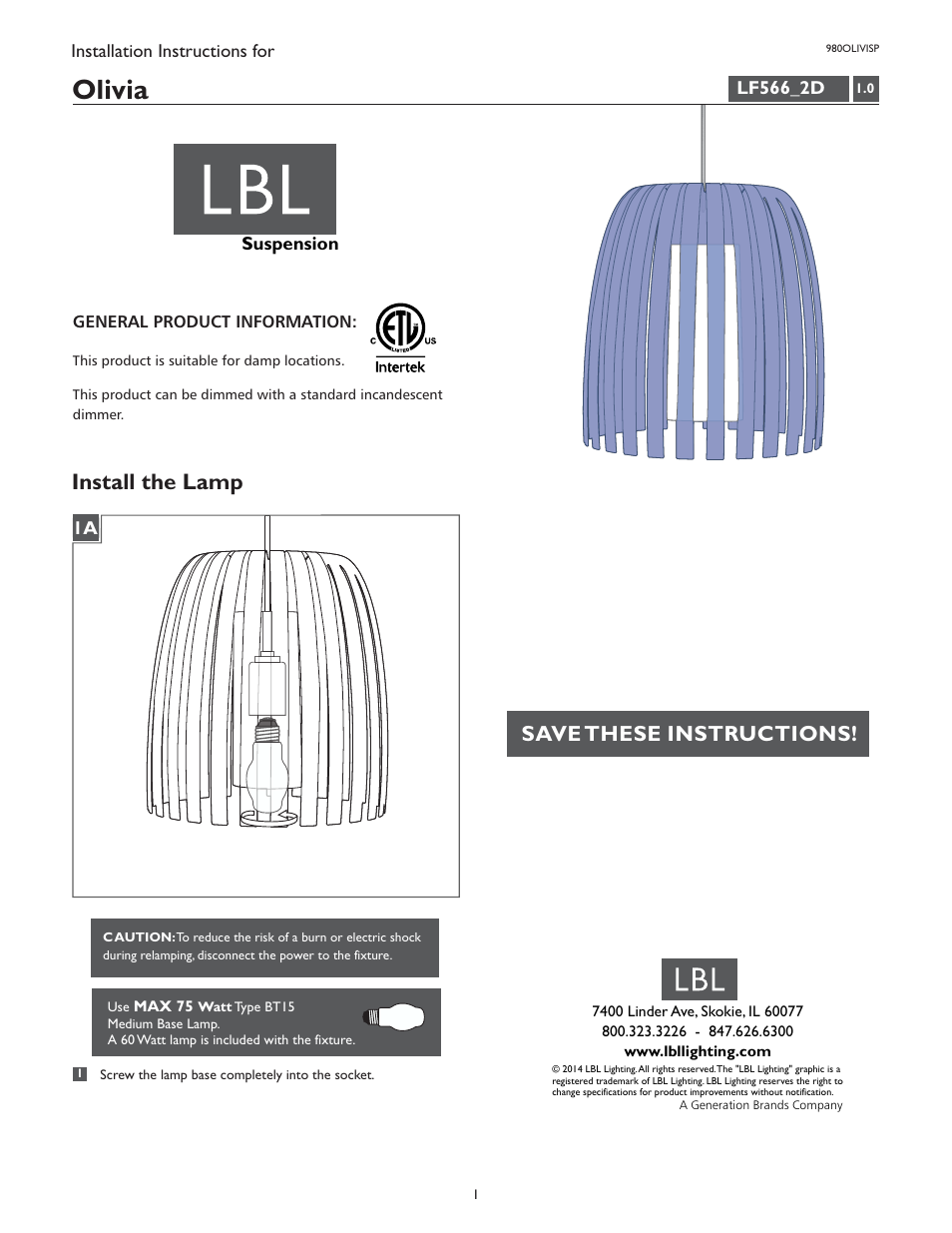 LBL Lighting Olivia SP User Manual | 1 page