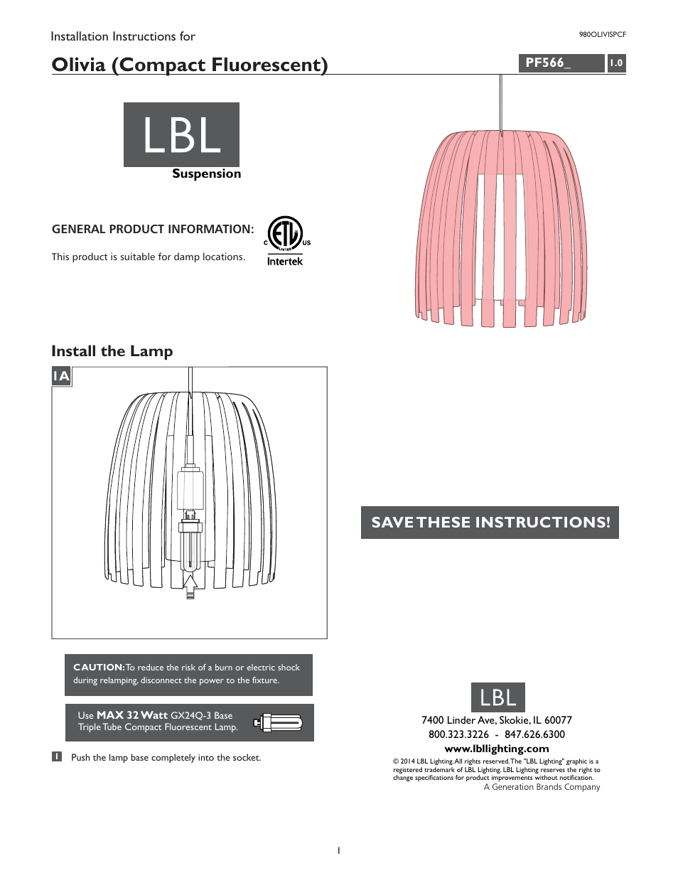 LBL Lighting Olivia SPCF User Manual | 1 page